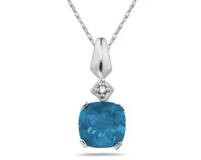 1 Carat Blue Topaz  & Diamond Pendant In 10K White Gold