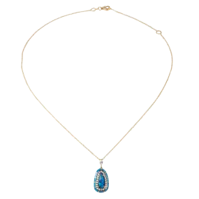 18K Yellow Gold Opal Blue Diamond Turquoise Pendant Necklace