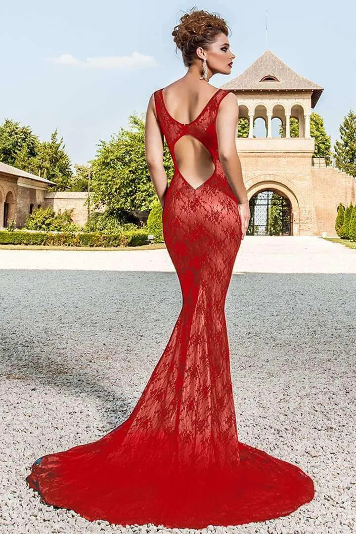 Abito lungo rosso in pizzo - modello a sirena con fodera nude- collo con strass -  Chanttal