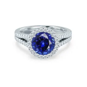 AMELIA - Chatham® Lab Grown Blue Sapphire & Diamond Platinum Halo Ring