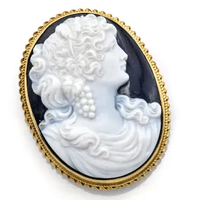 Antique 14K Yellow Gold Onyx Oval Cameo Brooch Pin Pendant