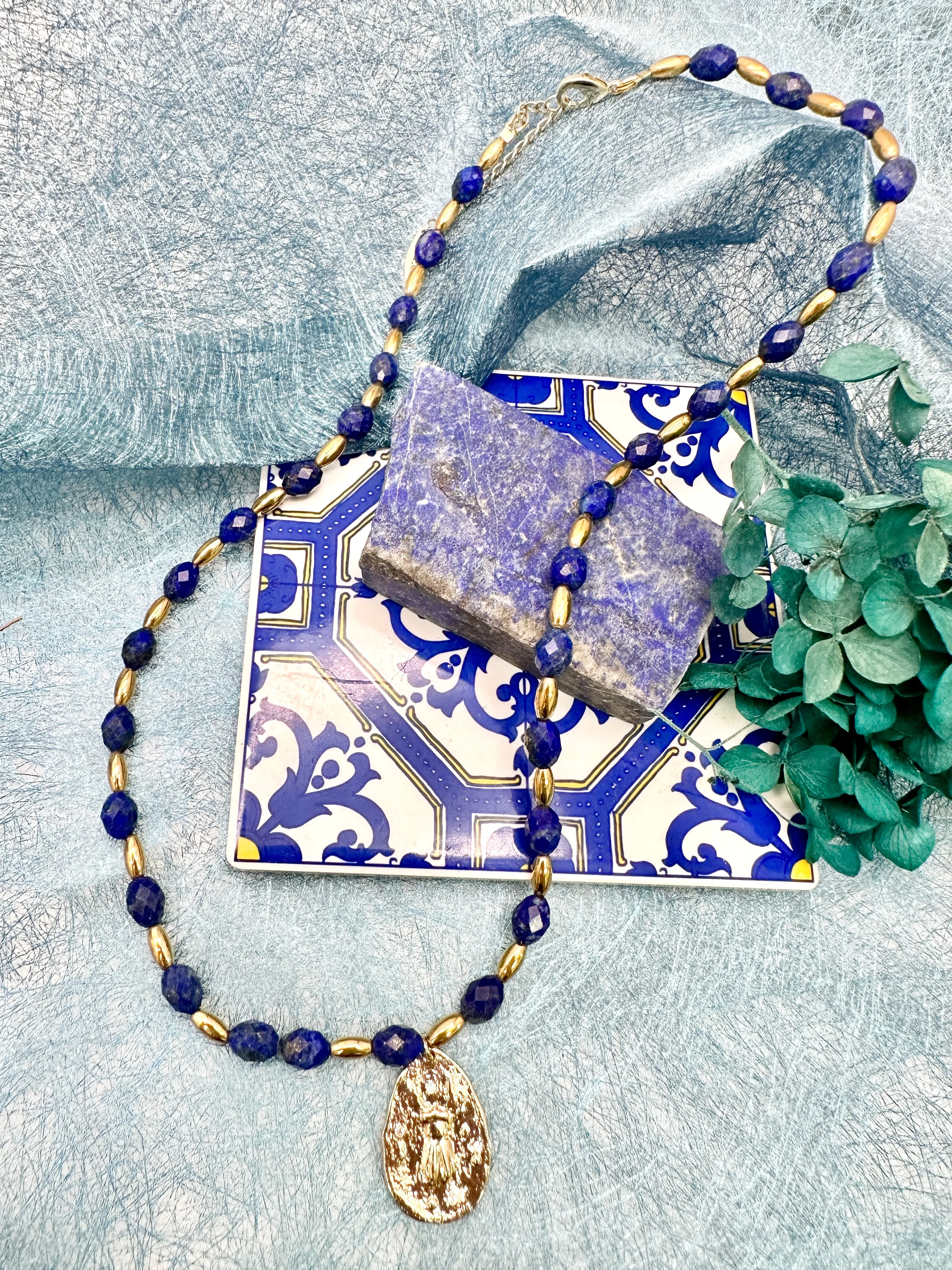 Blue Lapis with Coin Pendant Necklace LN035