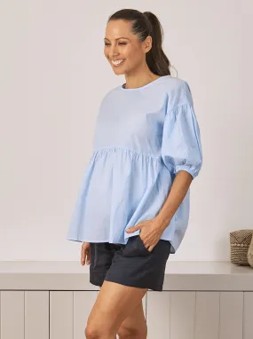 Brigitte Maternity Cotton Blouse Top - Blue Stripe