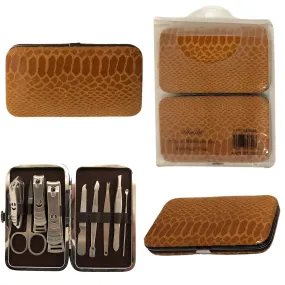 CLEARANCE BROWN SNAKE  PRINT MANICURE SET (CASE OF 24 - $2.50 / PIECE)  Wholesale 9 Piece Stainless Steel Manicure Set in Brown Snake SKU: 9699-SNK-BROWN-24