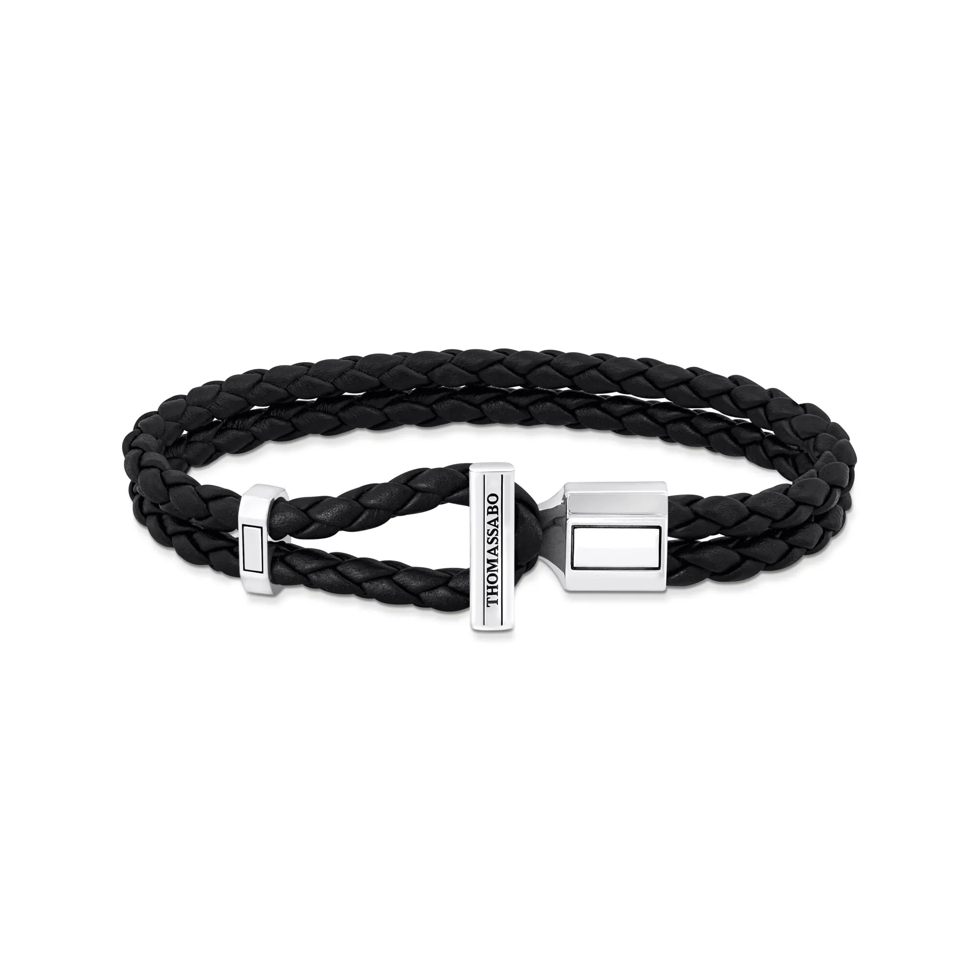 Double bracelet with braided, black leather