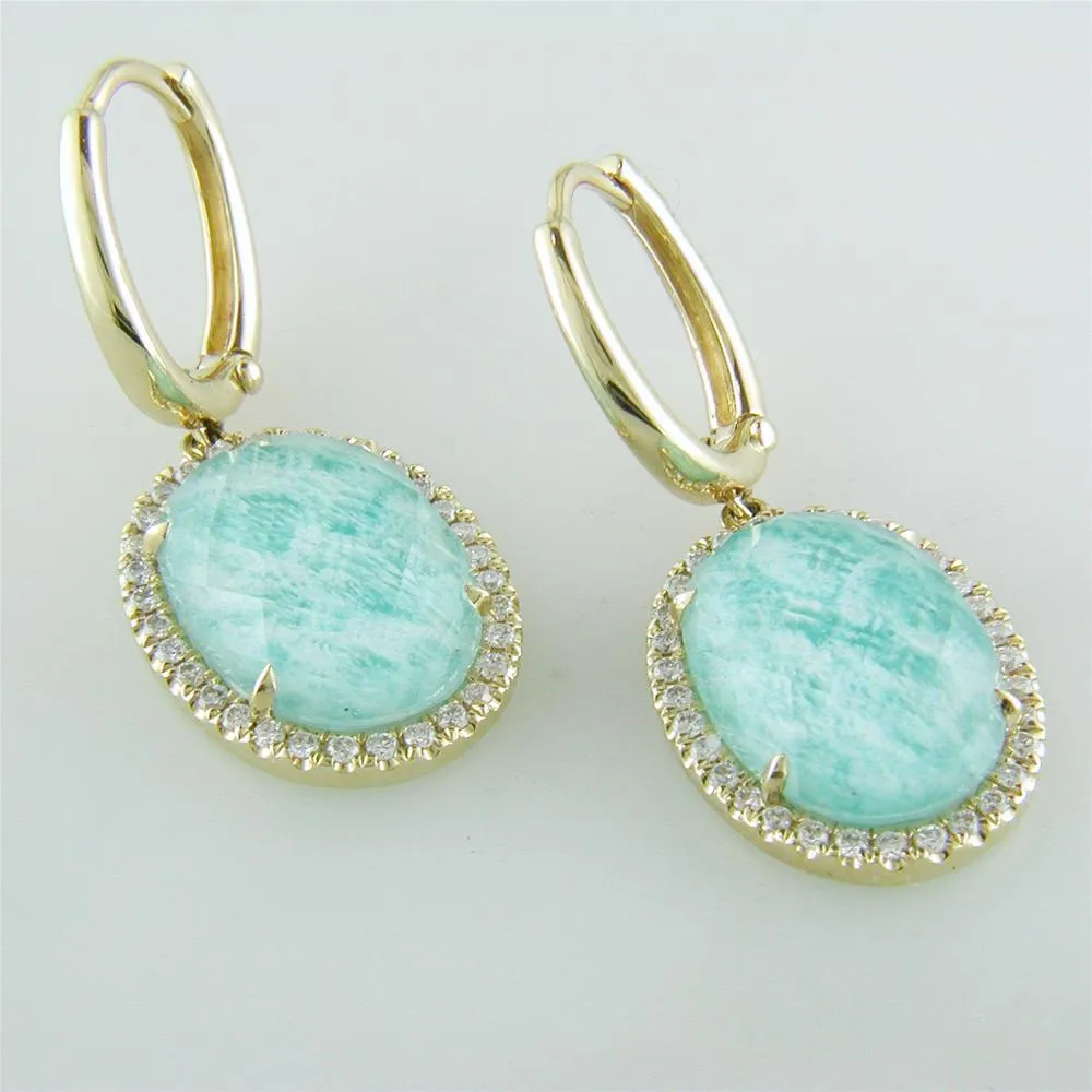 Doves White Topaz Amazonite Oval Doublet Drop Diamond Halo Earrings