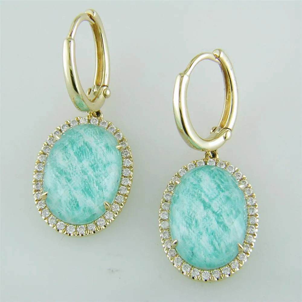 Doves White Topaz Amazonite Oval Doublet Drop Diamond Halo Earrings