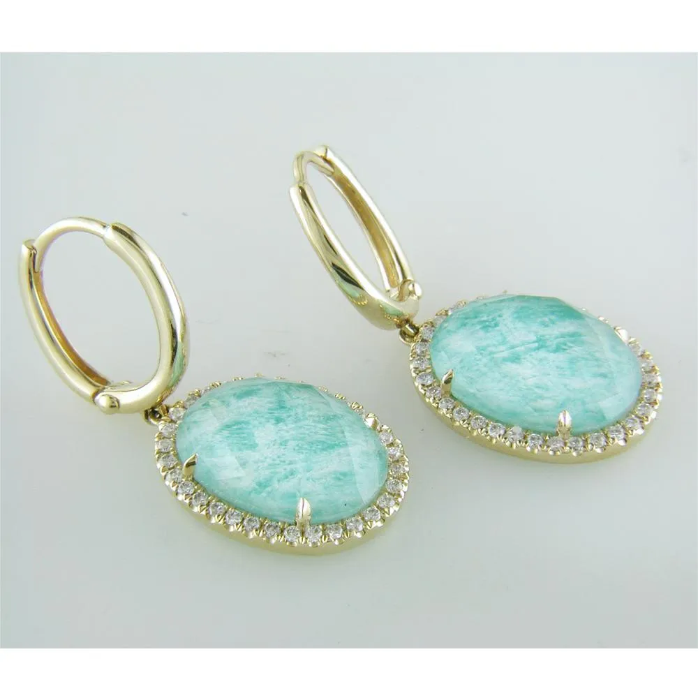 Doves White Topaz Amazonite Oval Doublet Drop Diamond Halo Earrings