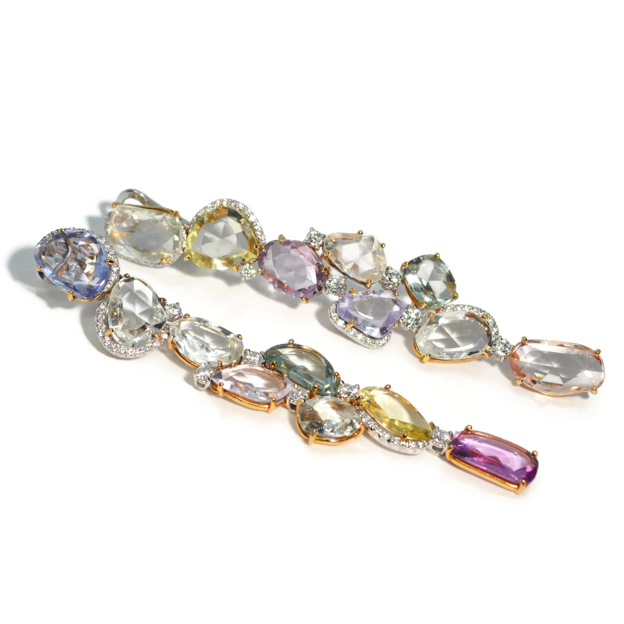 Eclat Jewels - One of a Kind Drop Earrings with Multi-colored Sapphires and Diamonds, 18k Rose Gold