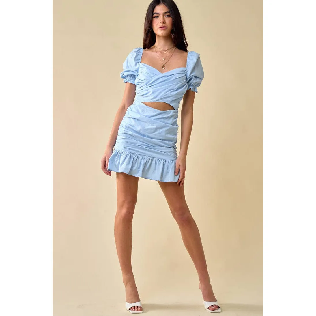 Half Sleeved Cut Out Ruffled Back Ribbon Dress