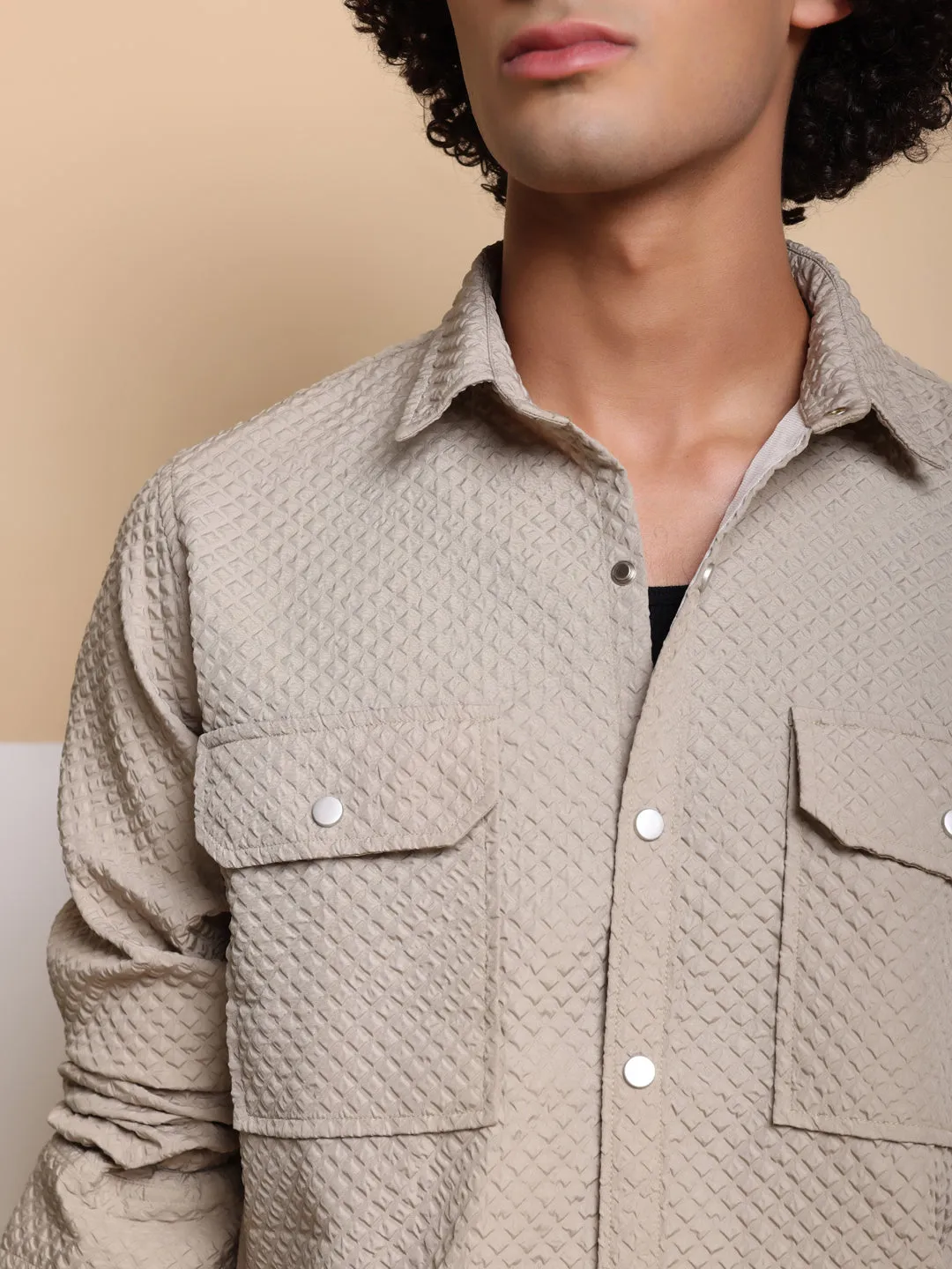 Man's Casual Imported Fabric Double Pocket Crush Shirts - Beige