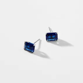 MODERN LOVE LARGE EMERALD CUT FAUX SAPPHIRE STUD EARRINGS