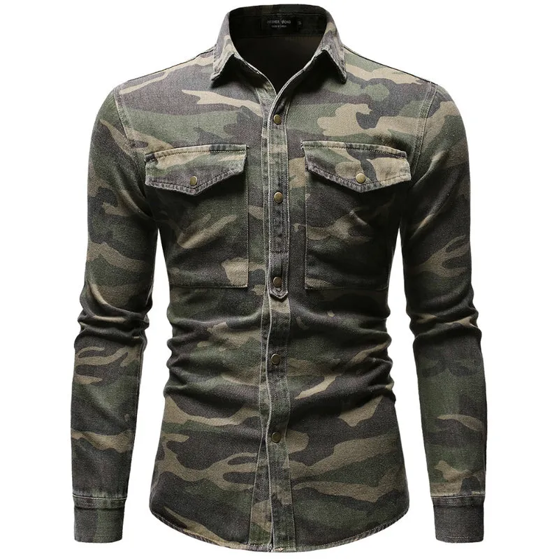 Outdoor Camo Denim Workwear Men's Long Sleeve Shirt