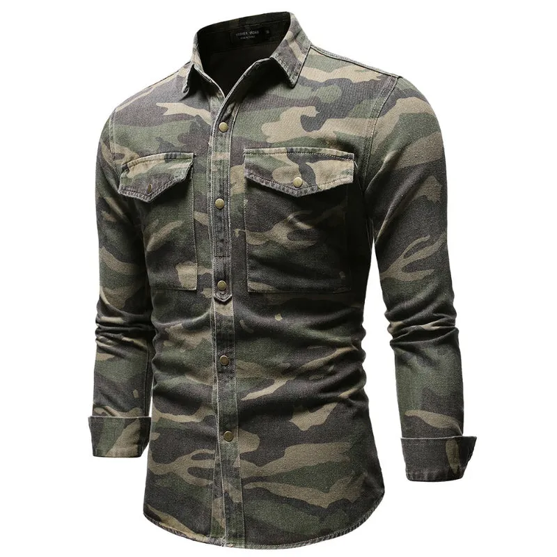 Outdoor Camo Denim Workwear Men's Long Sleeve Shirt