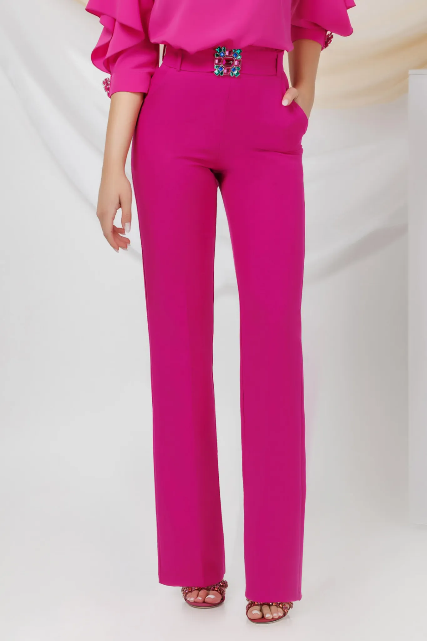 Pantaloni eleganti fucsia a gamba larga Pretty Girl con cintura rimovibile accessoriata con fibbia gioiello