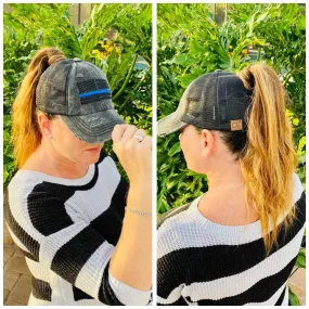 Thin Blue Line Flag Criss Cross Ponytail Hat