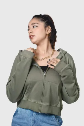 Zipper Crop Hoodie Olive - Fleece